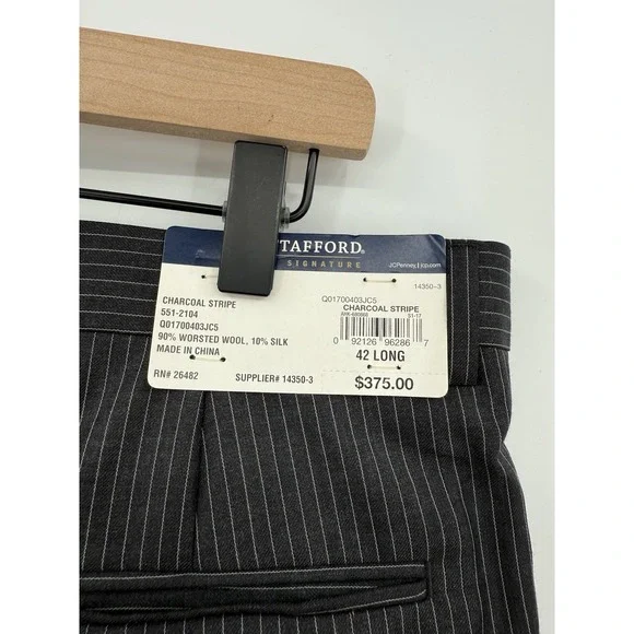 Stafford Suit 42L Gray‎ Charcoal Pinstripe Wool Silk Pants 36 Waist Pleated NEW